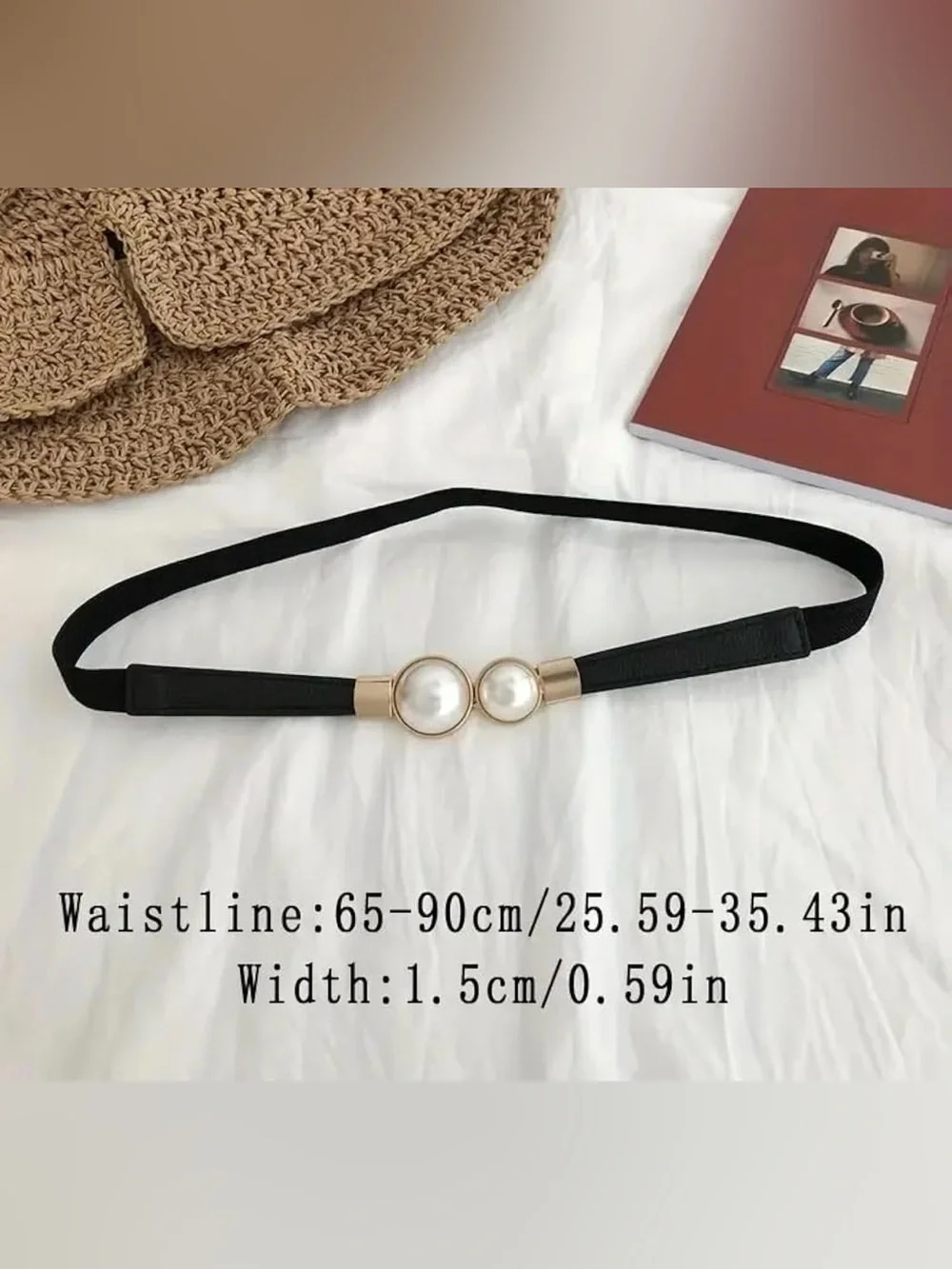 Double Pearl Skinny Elastic Waist Belt - Black Gold Minimalist - Fits S - L - Picture 4 of 8
